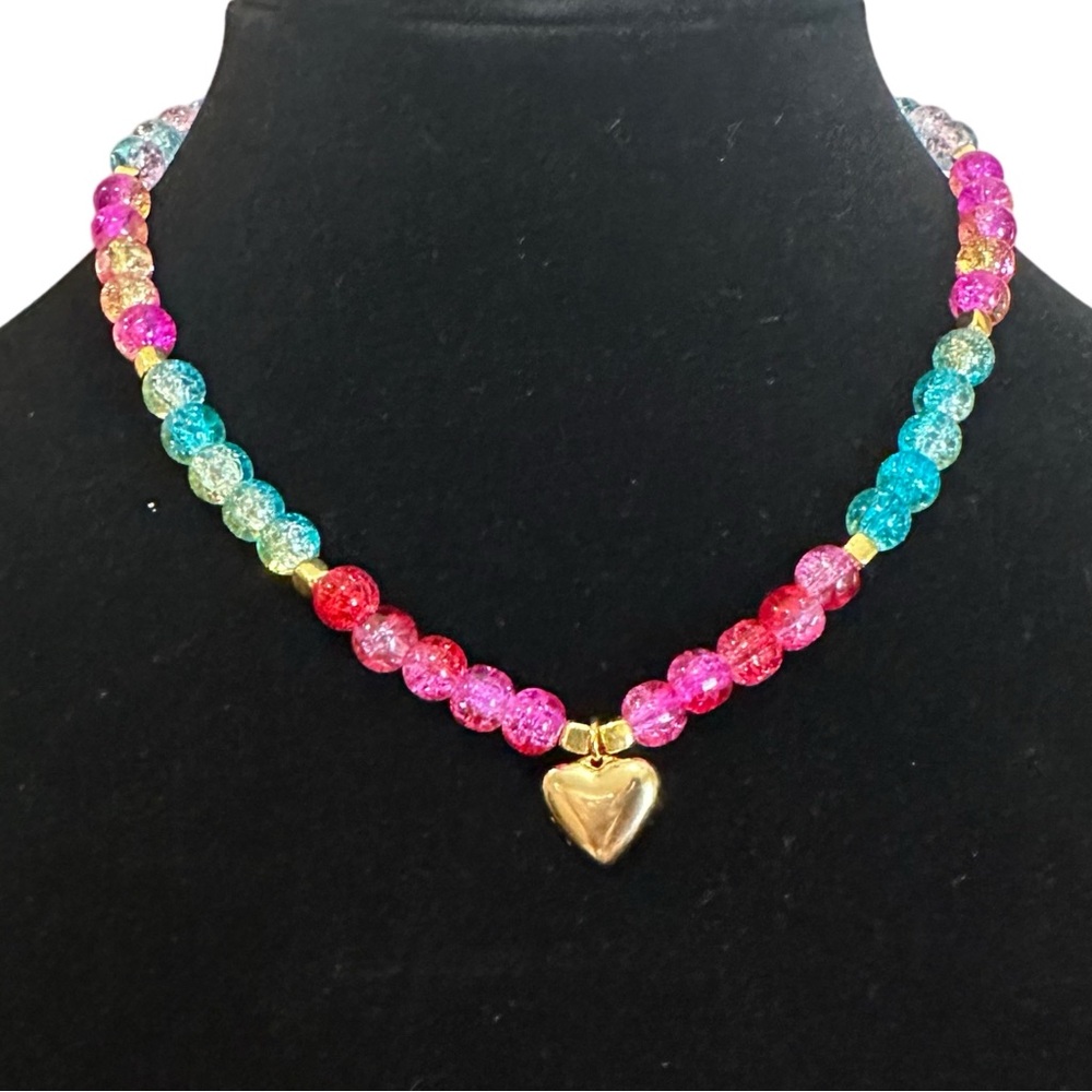 Handmade green pink glass bead colorful heart charm necklace star Rainbow